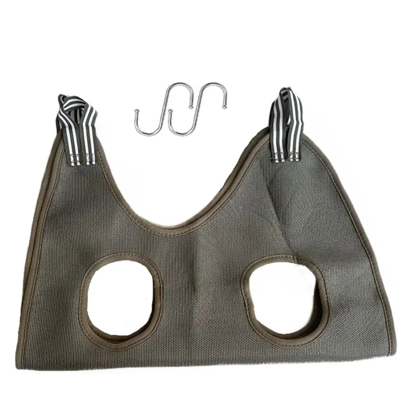 Sling de toilettage gris pour animaux avec crochets métalliques pour les oreilles et les griffes.