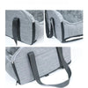 Gray portable pet car bed featuring a zipper and safety strap, shown in multiple angles.