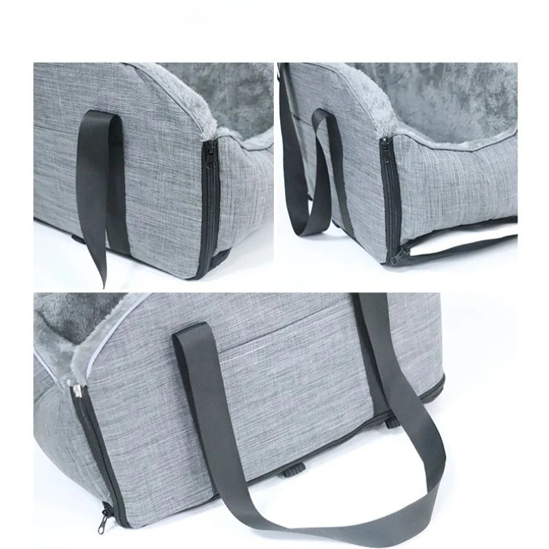 Gray portable pet car bed featuring a zipper and safety strap, shown in multiple angles.