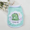 A light mint green sleeveless vest for pets featuring a cute green dinosaur design and the text Love Me