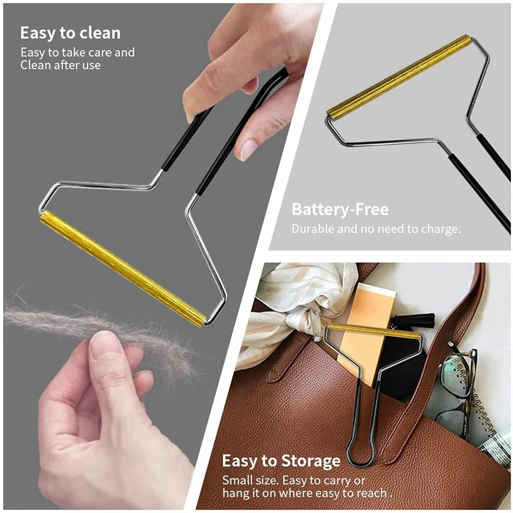 A hand demonstrates the easy to clean manual lint remover brush with a gold and black handle, showing its use for removing li