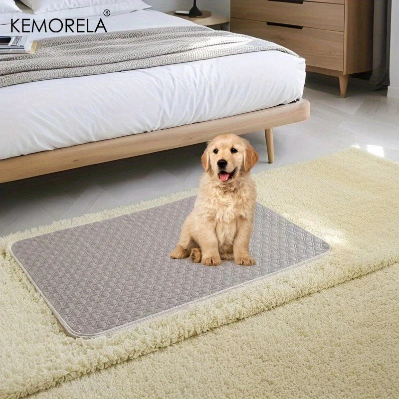 A golden retriever dog sits on a gray reusable pet training pad placed on a cream rug next to a wooden bed.
