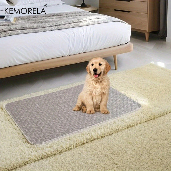 A golden retriever dog sits on a gray reusable pet training pad placed on a cream rug next to a wooden bed.