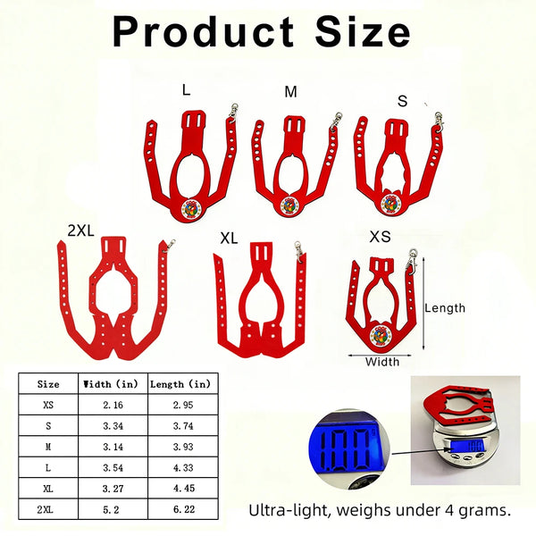 Diagram showing the size variations of an adjustable parrot harness and leash set labeled XS to 2XL with corresponding dimens