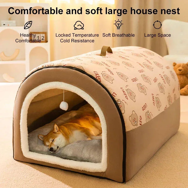 A beige pet house nest with an arched entrance, showing a golden-colored dog sleeping inside.