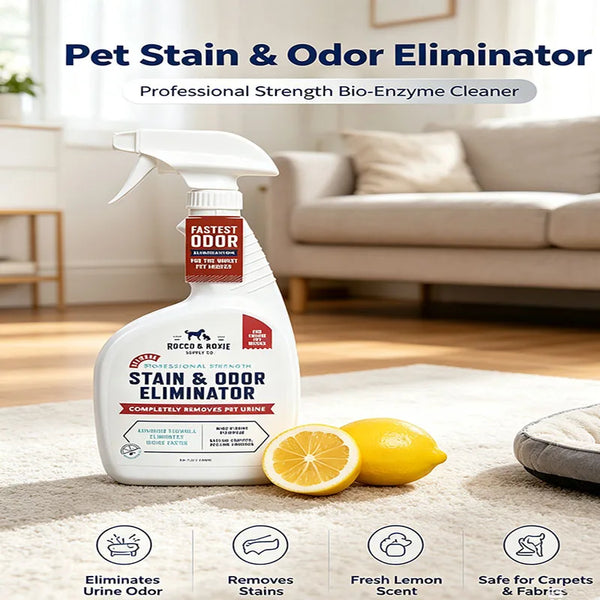 A white bottle of Pet Stain & Odor Eliminator spray next to a lemon, demonstrating its use for cleaning pet stains and odors.
