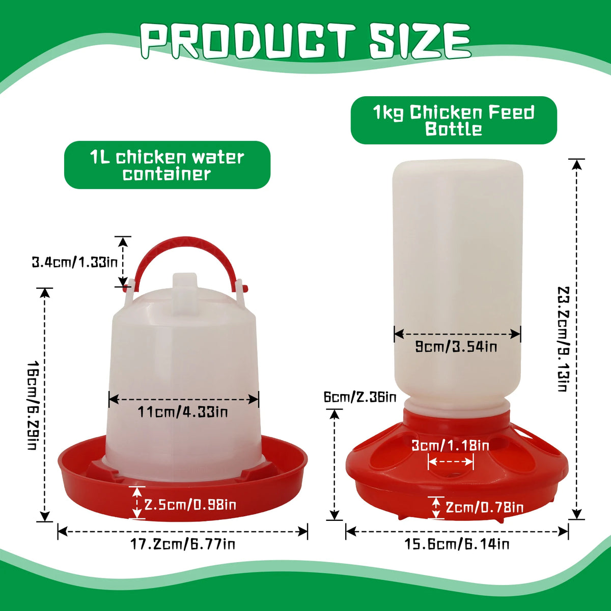 A white 1L chicken feed bottle and a red water container are shown with dimensions.