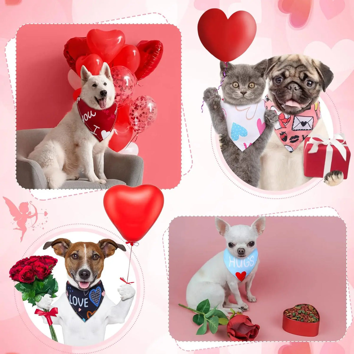 Three dogs wearing Valentine's Day dog bandanas with heart floral patterns sitting or posing.
