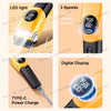 Yellow pet hair clipper showing LED light, speed settings, and Type-C power charge features.