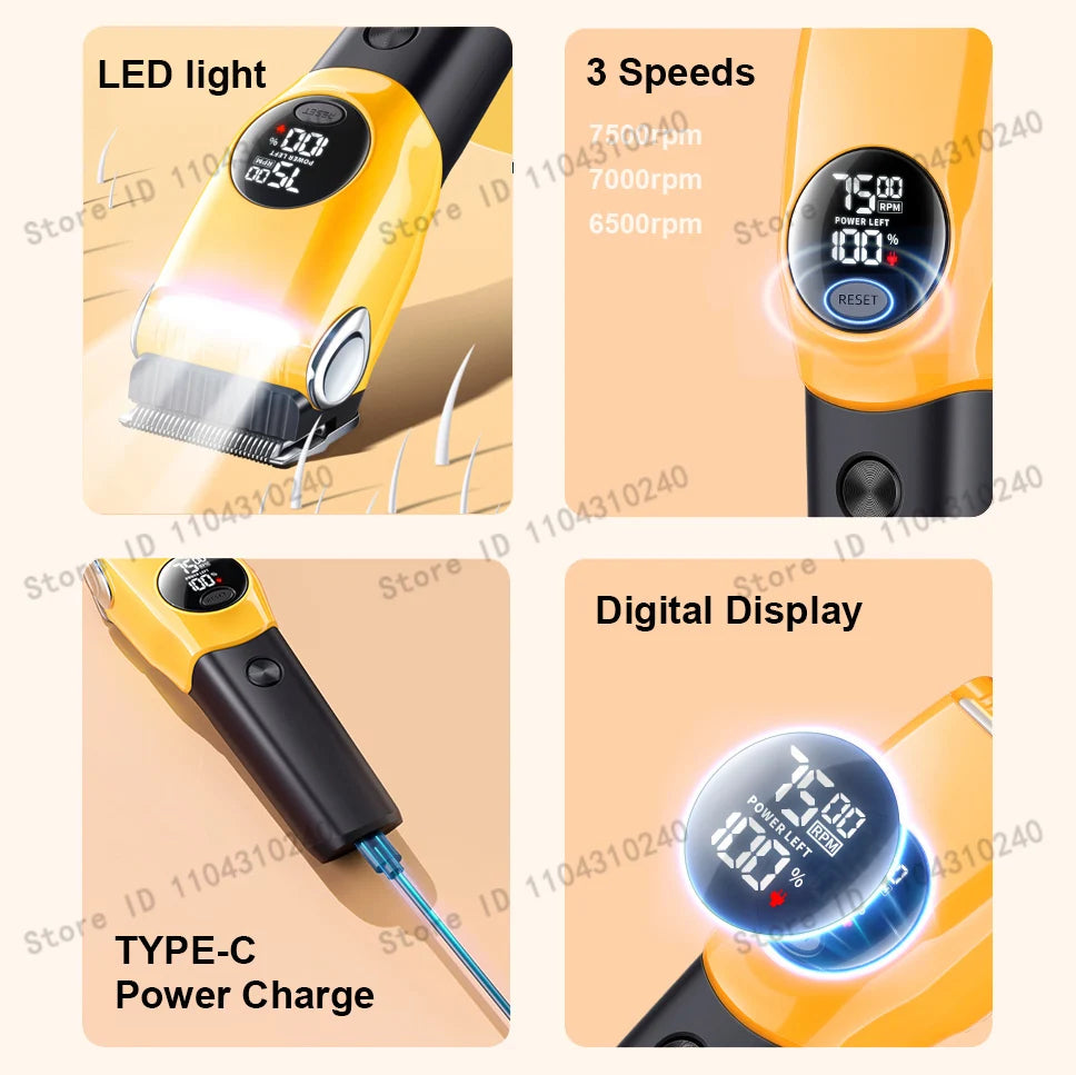 Yellow pet hair clipper showing LED light, speed settings, and Type-C power charge features.