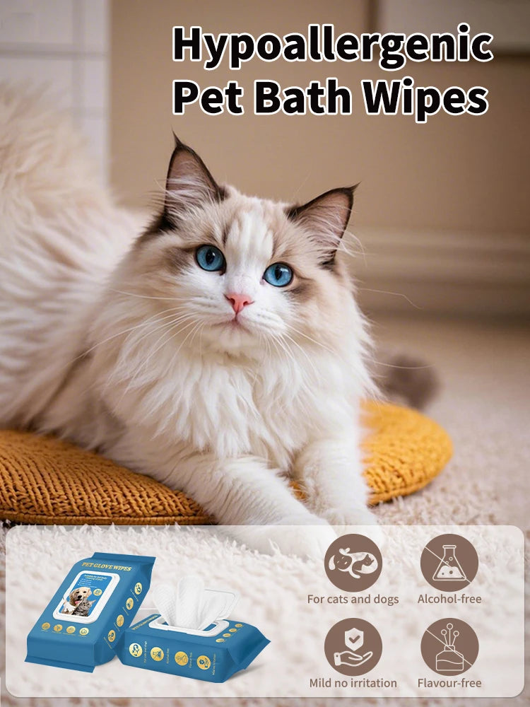 A fluffy white cat is sitting on a yellow cushion next to blue pet bath wipes and gloves.
