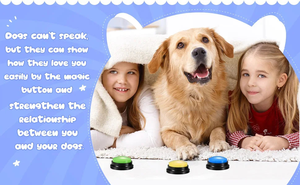 Two girls smiling with a golden retriever dog, demonstrating the magic button for dog training.