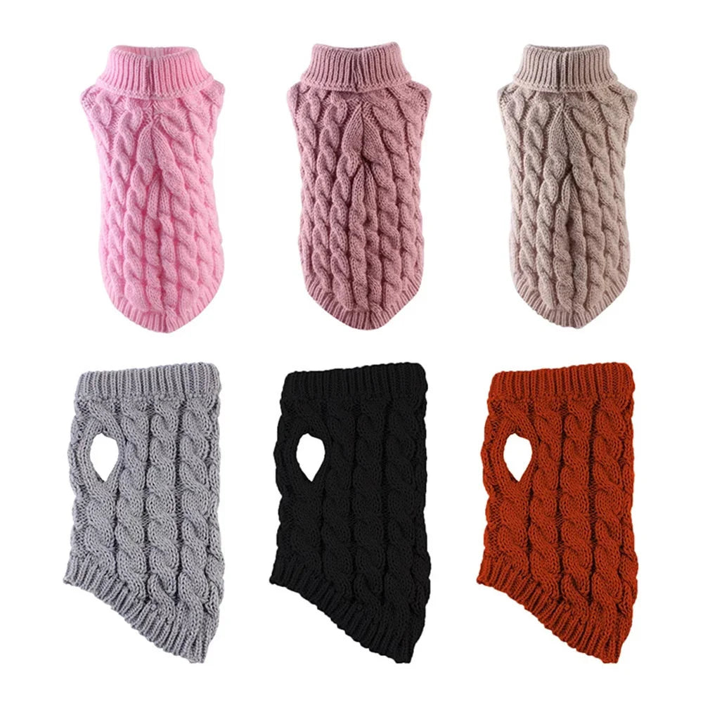 Ein Set warmer Strickkatzenshirts in rosa, Mauve, grau, schwarz und gebranntes Orange.