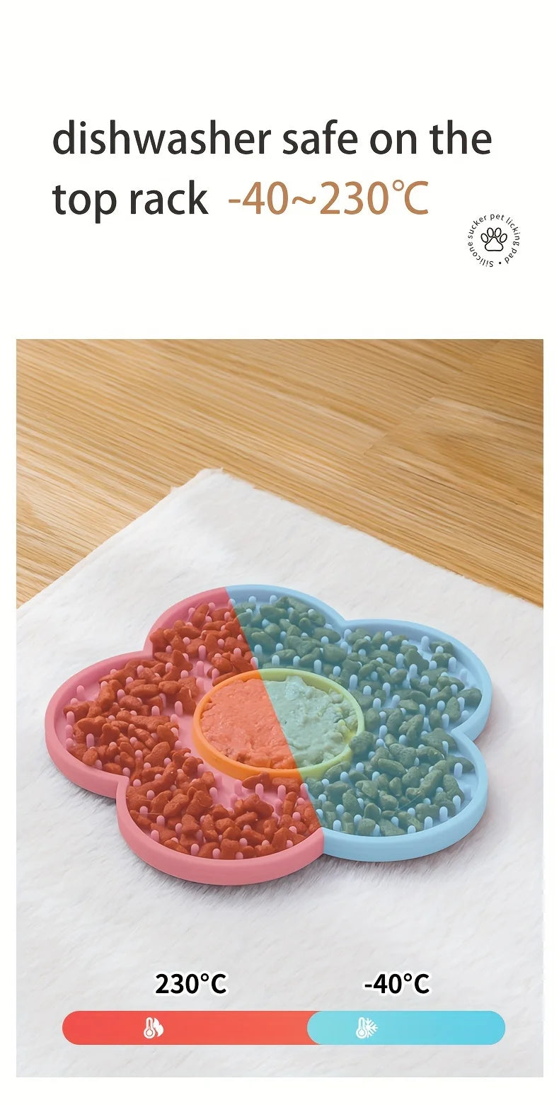 Silicone lick mat showing food in different colored silicone dishes for dogs and cats