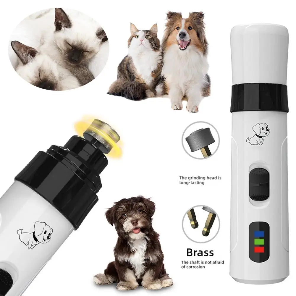 Lijadora eléctrica portátil para uñas de mascota, mostrando la cabeza de lijado y la unidad principal.