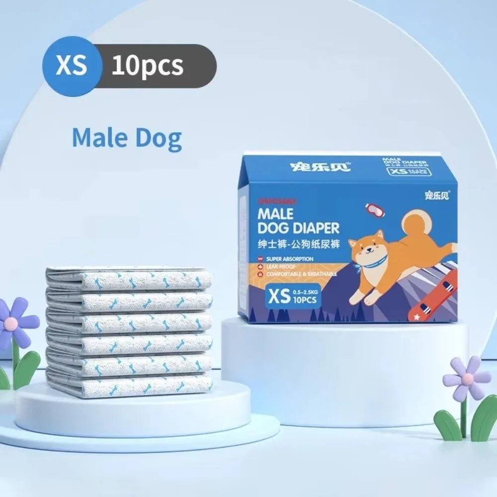 Boîte de 10 couches jetables pour chiots mâles, à côté d'une pile de couches.