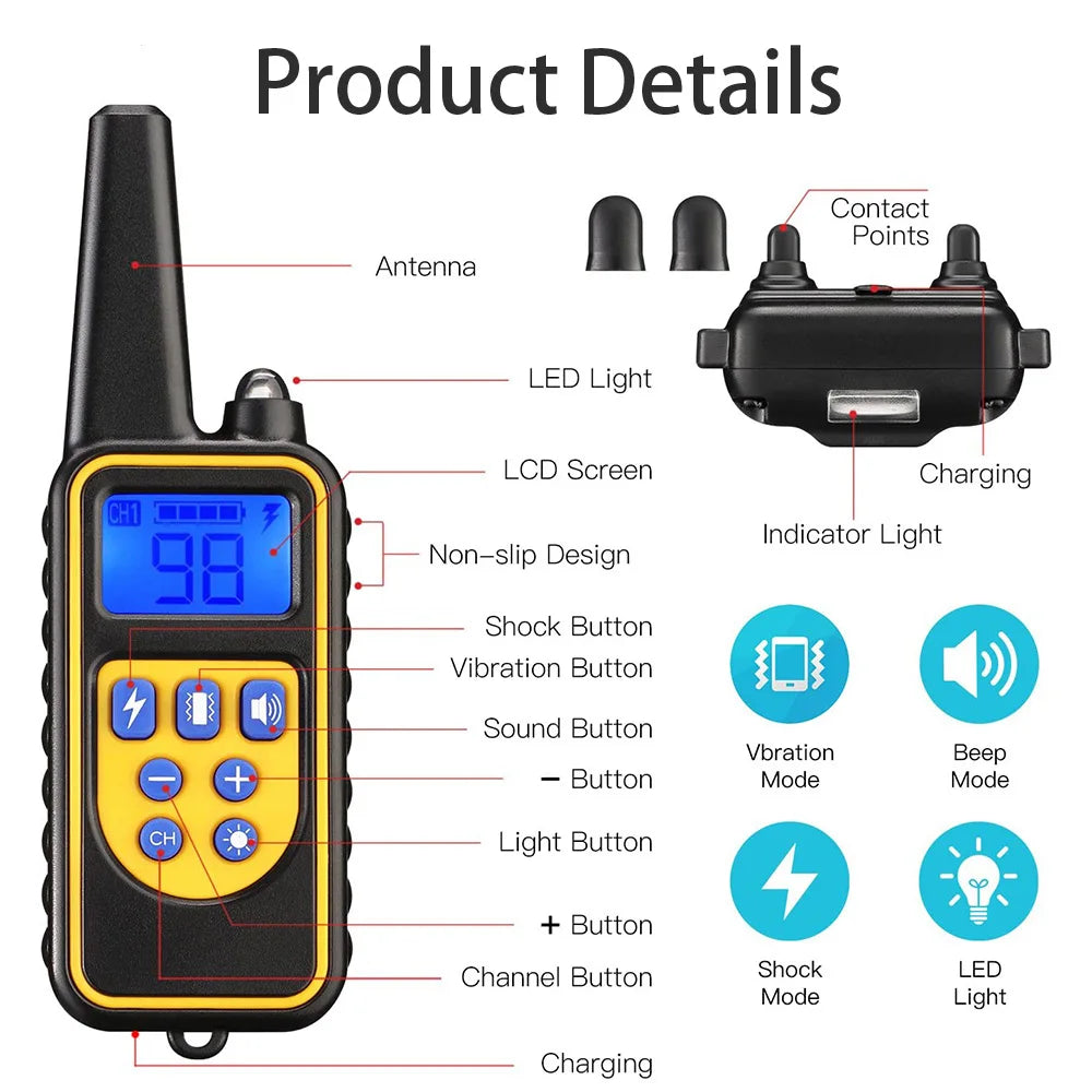 A yellow and black remote control electric dog training collar with various buttons and an antenna.