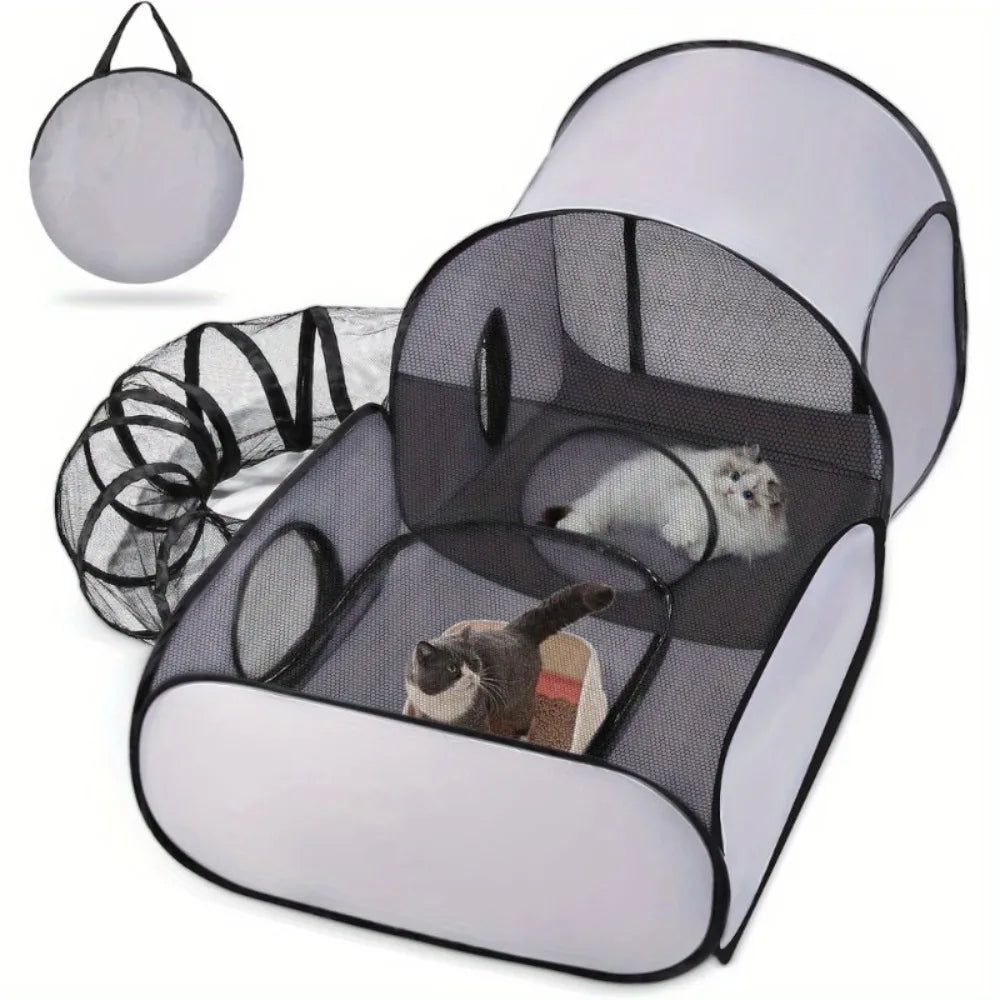 Graues faltbares Spielzelt für Katzen und kleine Hunde mit einem Maschendurchlass, vor weißem Hintergrund.