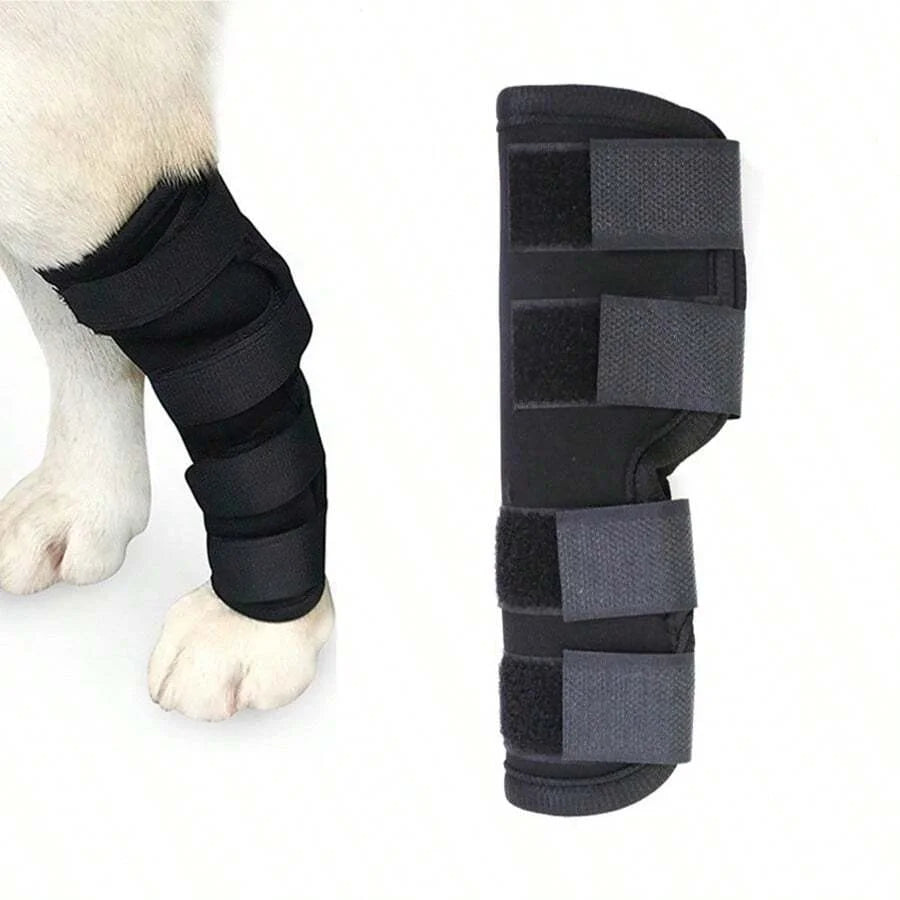 Férula de apoyo para la rodilla de mascota negra para recuperación mostrada en una pata.