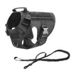 Black tactical dog harness with collar and MOLLE pouches shown from above.