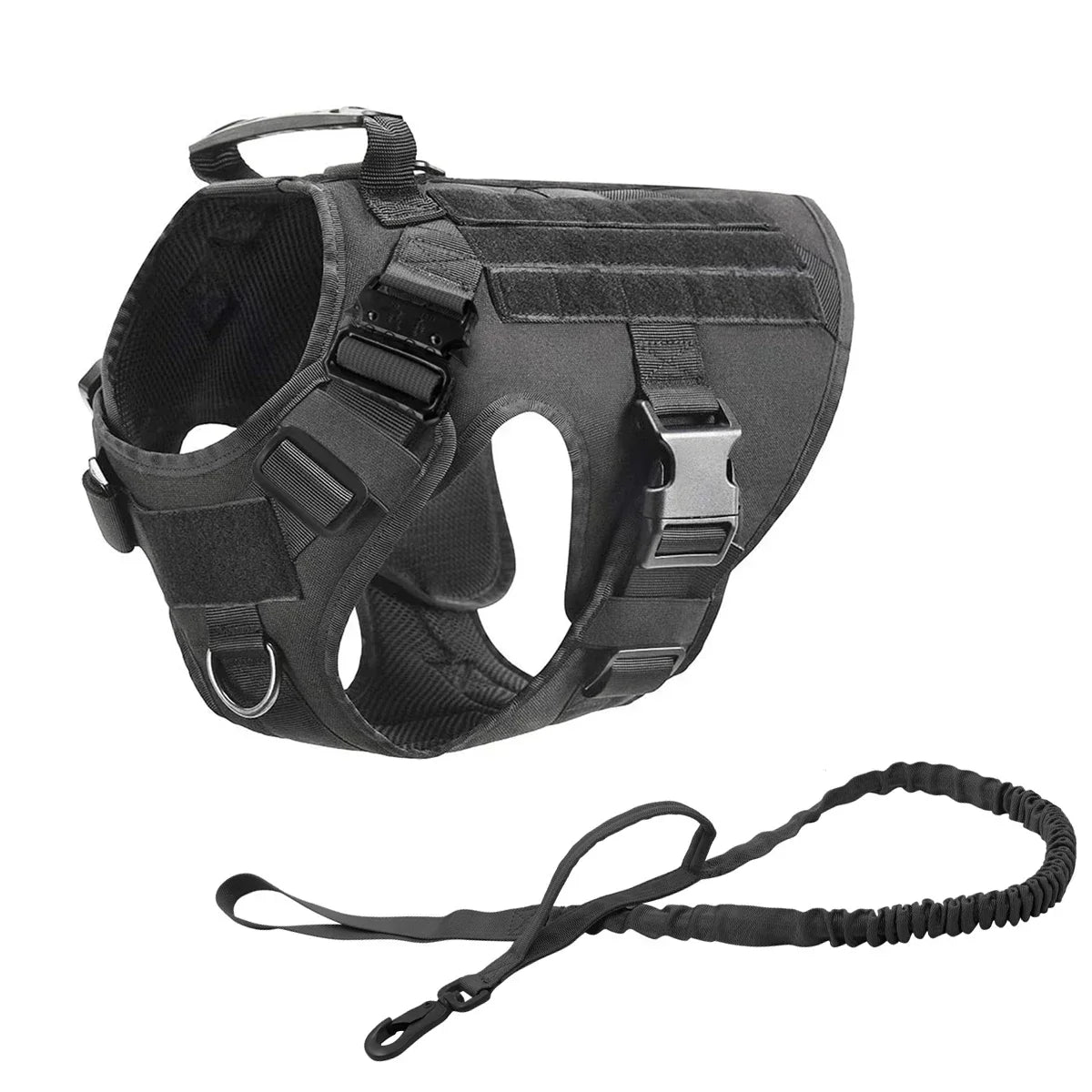 Black tactical dog harness with collar and MOLLE pouches shown from above.