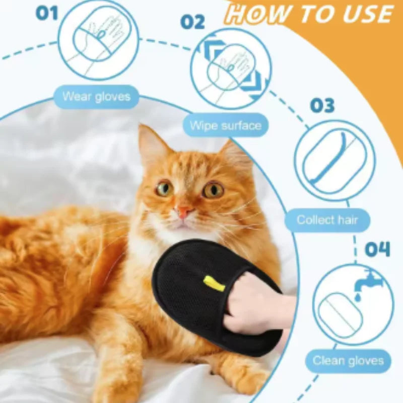 Diagram showing how to use pet hair removal gloves for cats, including steps like wearing and cleaning the gloves.