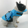 A light blue dog life jacket with black and gray accents is worn by a pug.