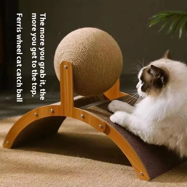 A cat is relaxing on a wooden scratching post with a large, round sisal ball for climbing.