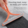 An orange shaving tool with a rubber strip is shown being used to remove dust and hair from fabric.