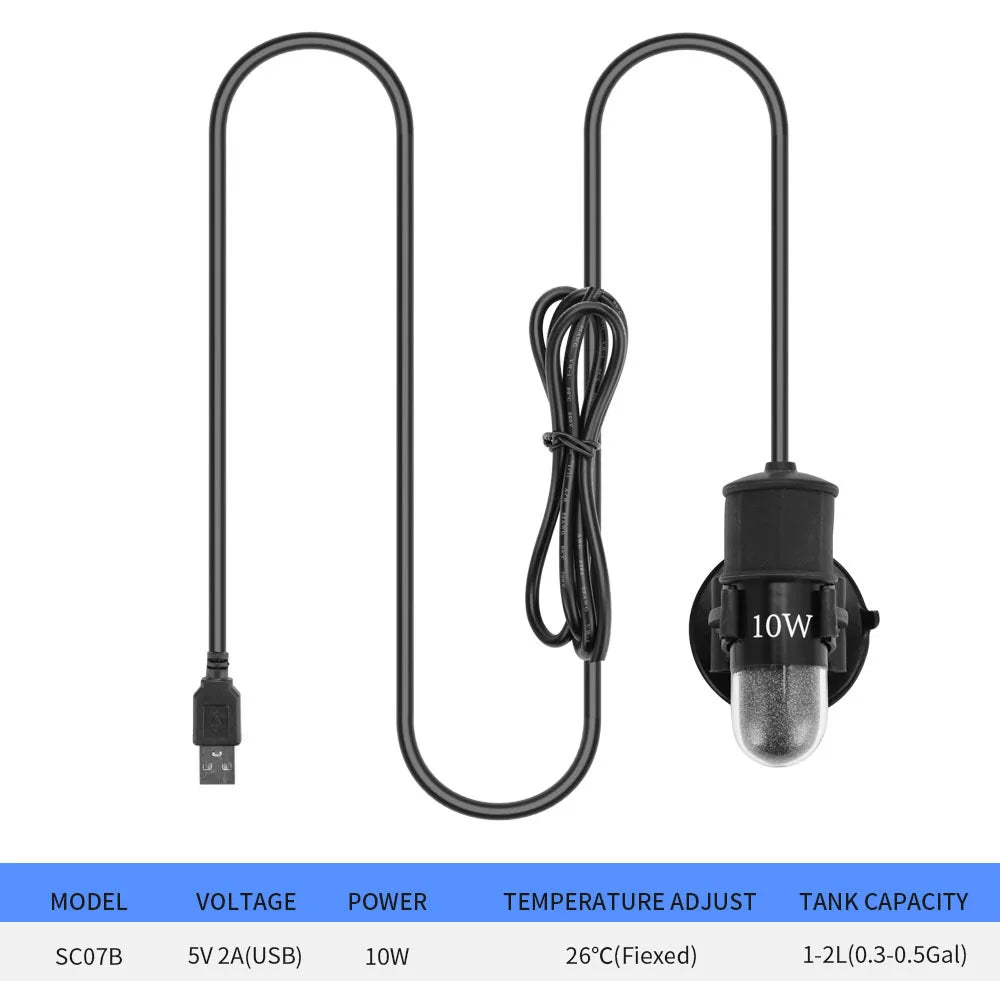 Black adjustable USB aquarium heater with a cord and a 10W power rating