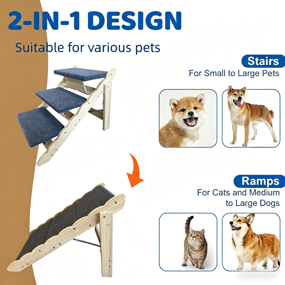 Zwei-in-eins Holzprodukt mit Treppen und Rampe für verschiedene Haustiere wie Katzen, kleine bis große Hunde und große Tiere