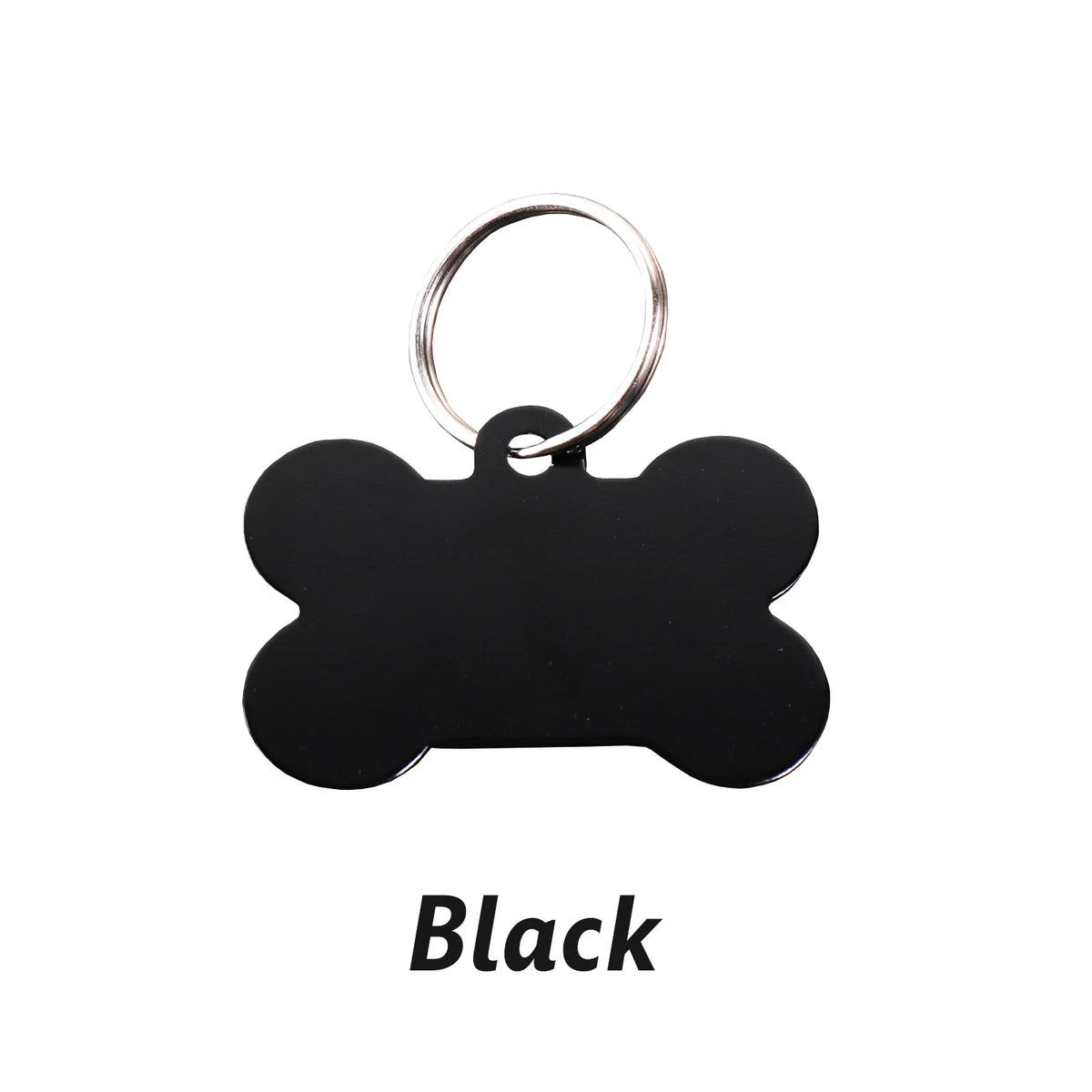 Black personalized bone-shaped dog ID tag with a metal keyring.
