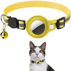 Yellow smart cat collar with a silver AirTag holder and black breakaway buckle