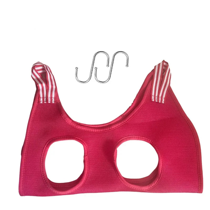 Hamac de toilettage rose vif pour oreilles et griffes avec crochets métalliques.