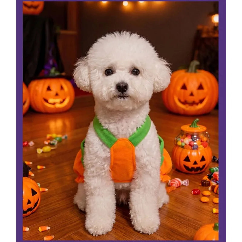 Un perro blanco esponjoso vistiendo un disfraz de calabaza de Halloween naranja sentado en un suelo de madera.