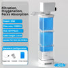 Pompe à air pour aquarium submersible blanche avec trois unités de filtration bleues empilées et un tube d'oxygène.