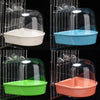 Four variations of clear plastic hanging bird baths in white, blue, green, and orange.