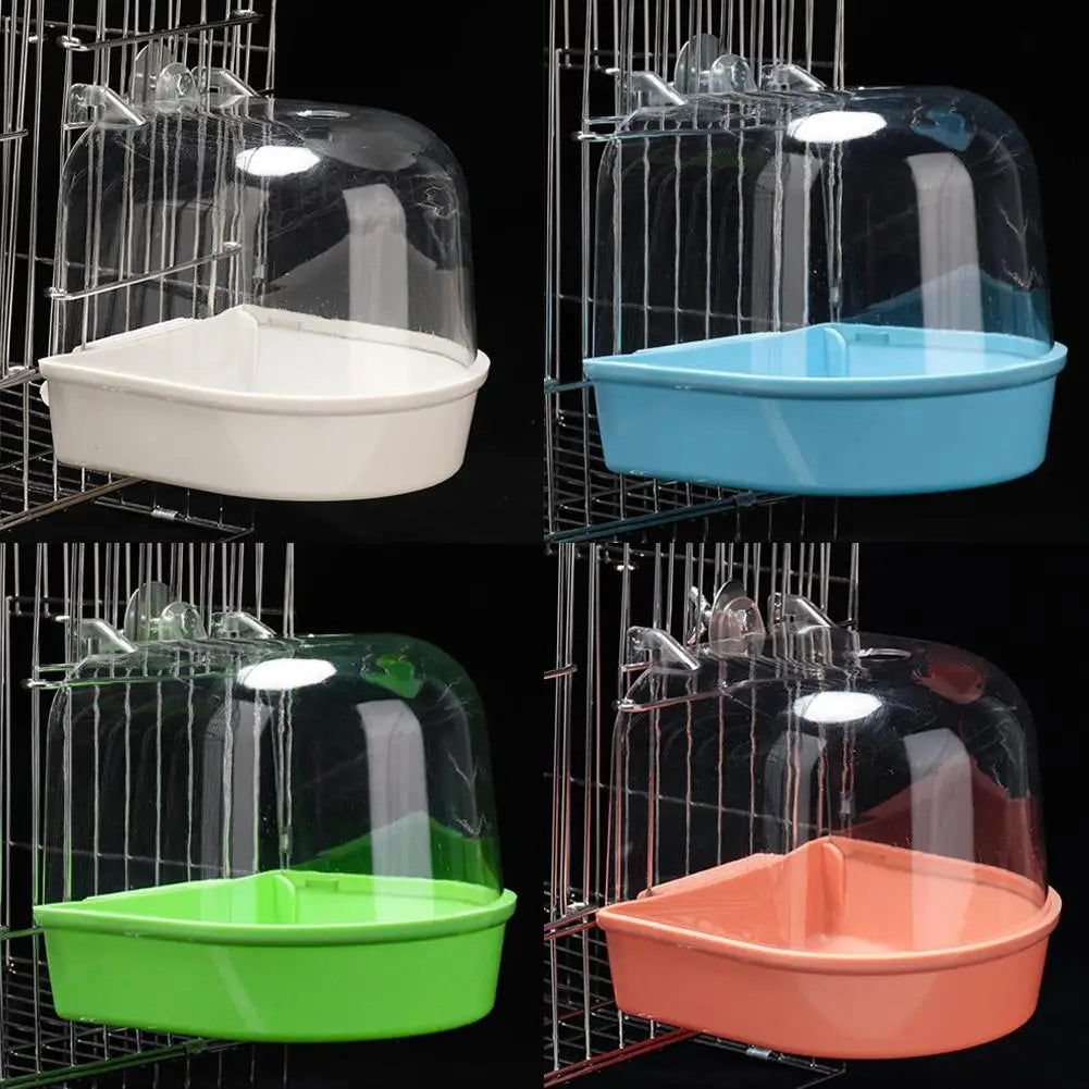 Four variations of clear plastic hanging bird baths in white, blue, green, and orange.