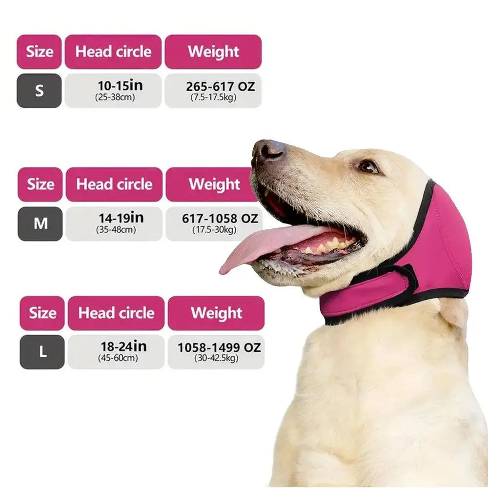 A golden dog wearing a pink noise cancelling ear wrap, shown alongside size and weight options.