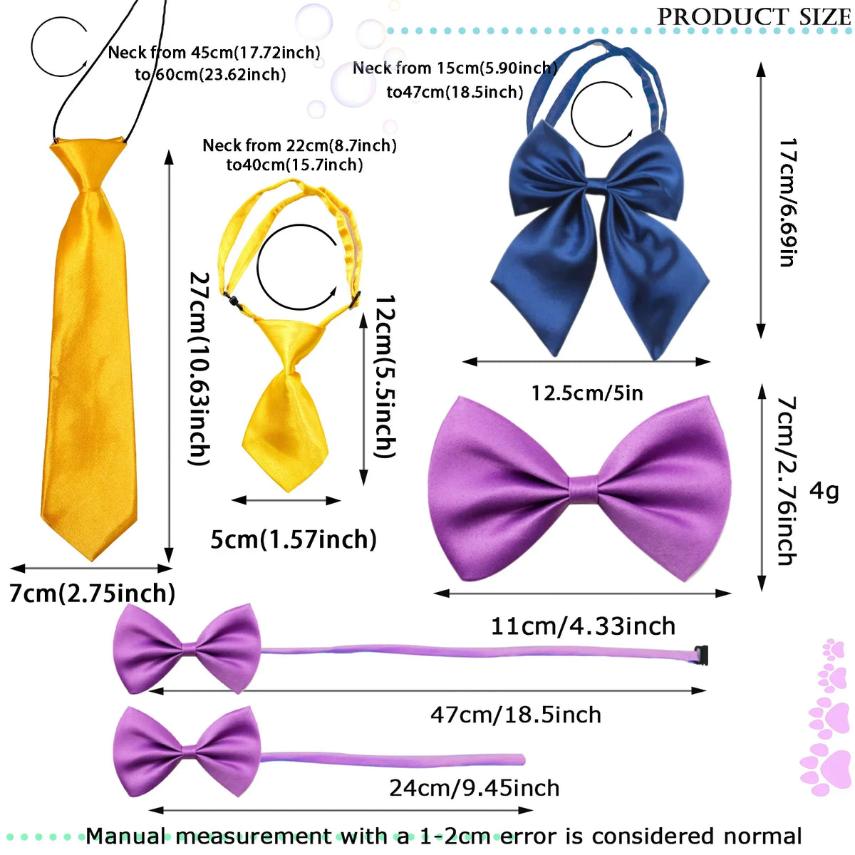Various sizes of purple and yellow adjustable bow ties for dogs and cats shown with measurements.