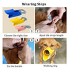 Step-by-step guide showing how to wear an adjustable silicone duckbill dog muzzle on a dog.