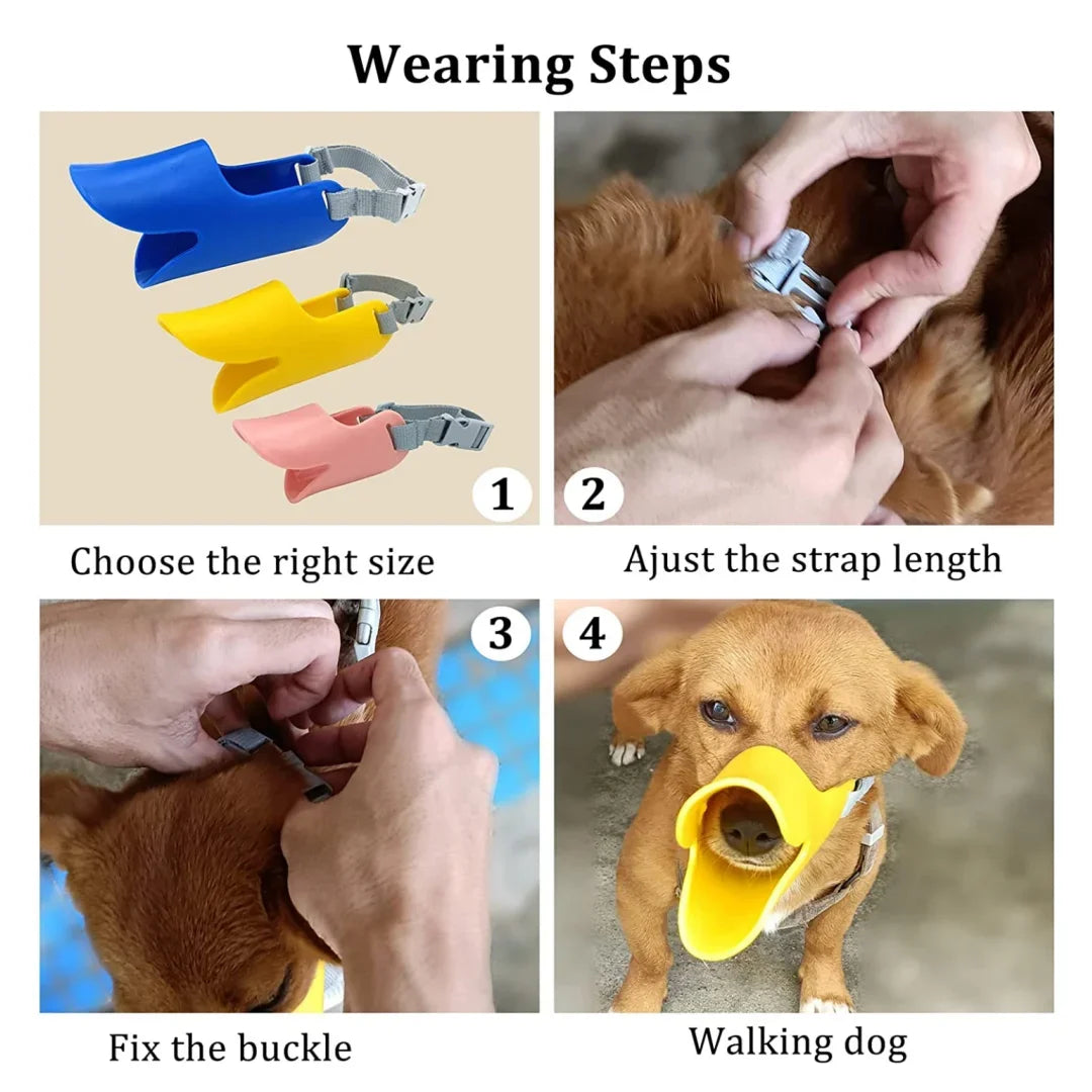 Step-by-step guide showing how to wear an adjustable silicone duckbill dog muzzle on a dog.