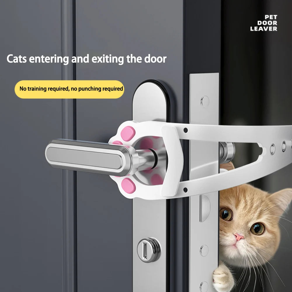 A white adjustable cat door latch with a stabilizer is shown mounted on a gray door, allowing cats to enter and exit.