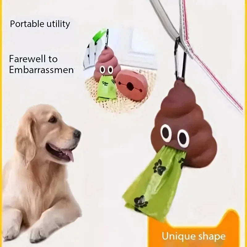 Un dispensador de bolsas para excrementos de perro de silicona marrón con una bolsa verde junto a un golden retriever.