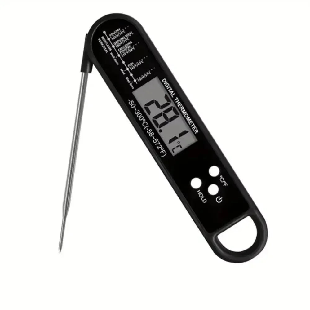 A black digital meat thermometer with a probe, displaying a temperature reading of 28.1 degrees Celsius.