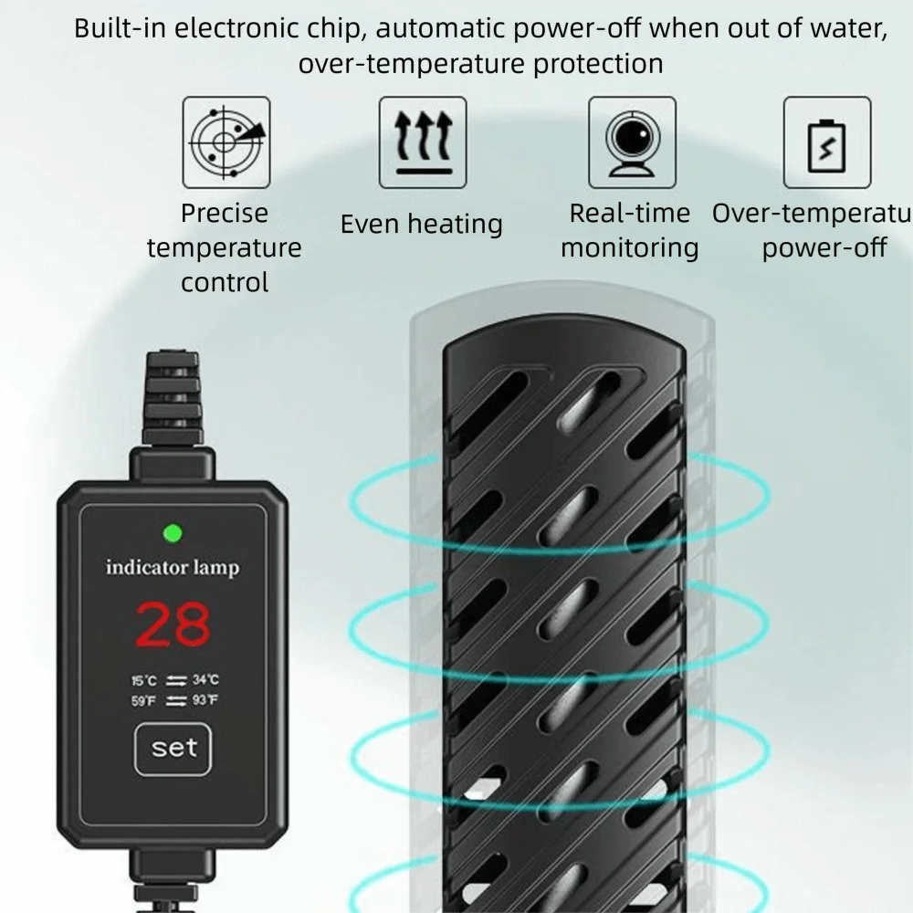 A black submersible heater with an indicator lamp showing 28 degrees is shown next to a heating element.