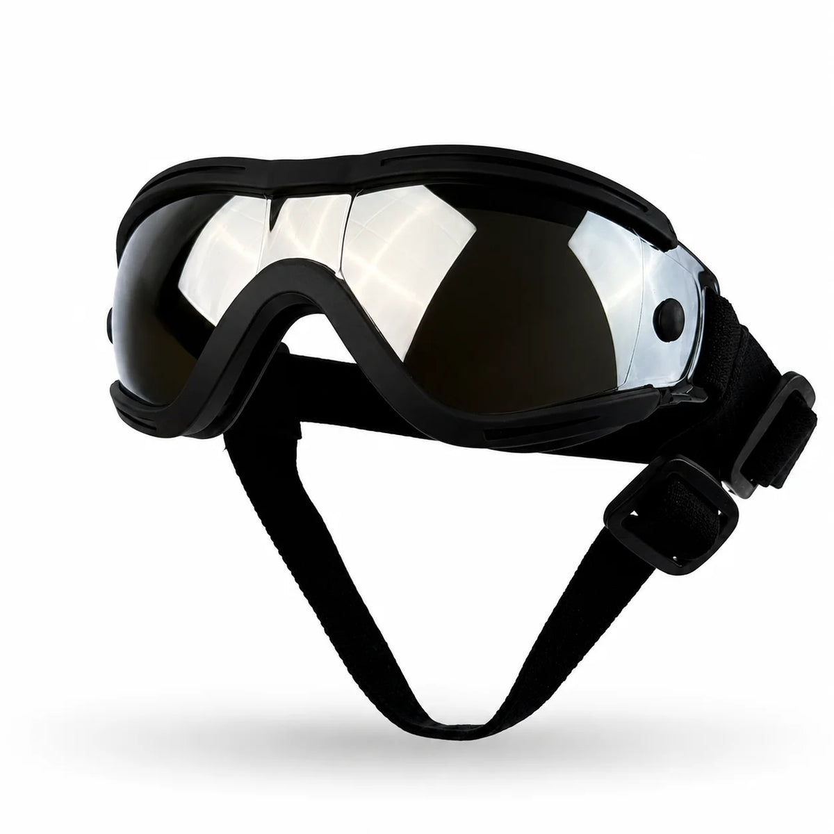 A pair of black adjustable pet sunglasses for dogs with clear lenses and a black strap.