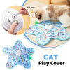 A blue cat play cover is shown with a cat lying on it, and a hand is shown using a tool to attach or remove the cover.