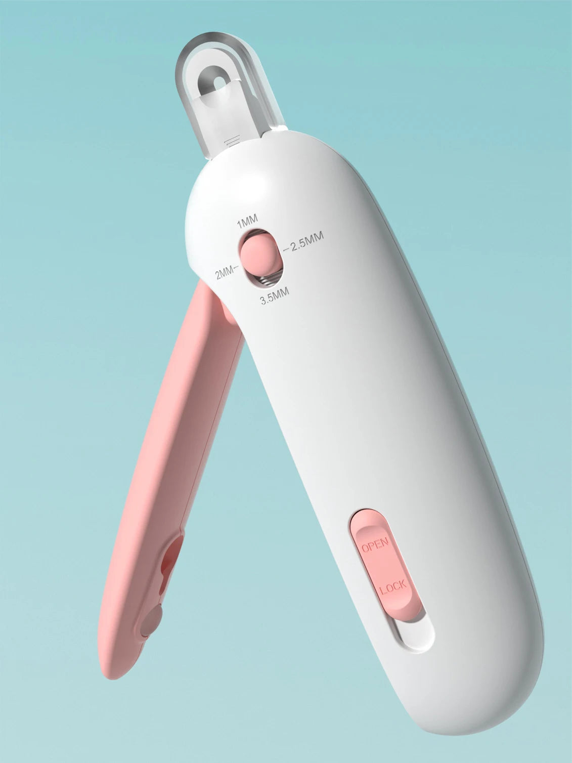 Weiße professionelle Nagelschere für Haustiere mit rosa Akzenten und verschiedenen Schnittführungen.