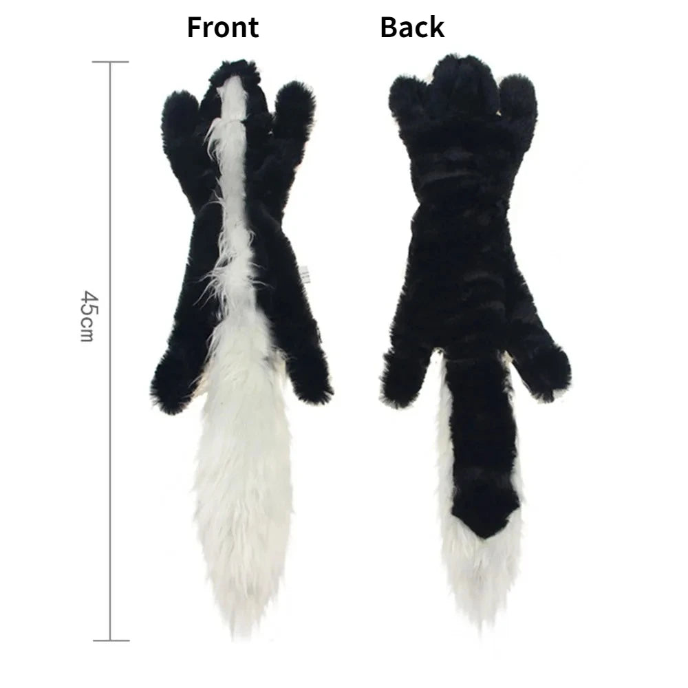 Front and back views of a black and white plush dog toy with long ears.